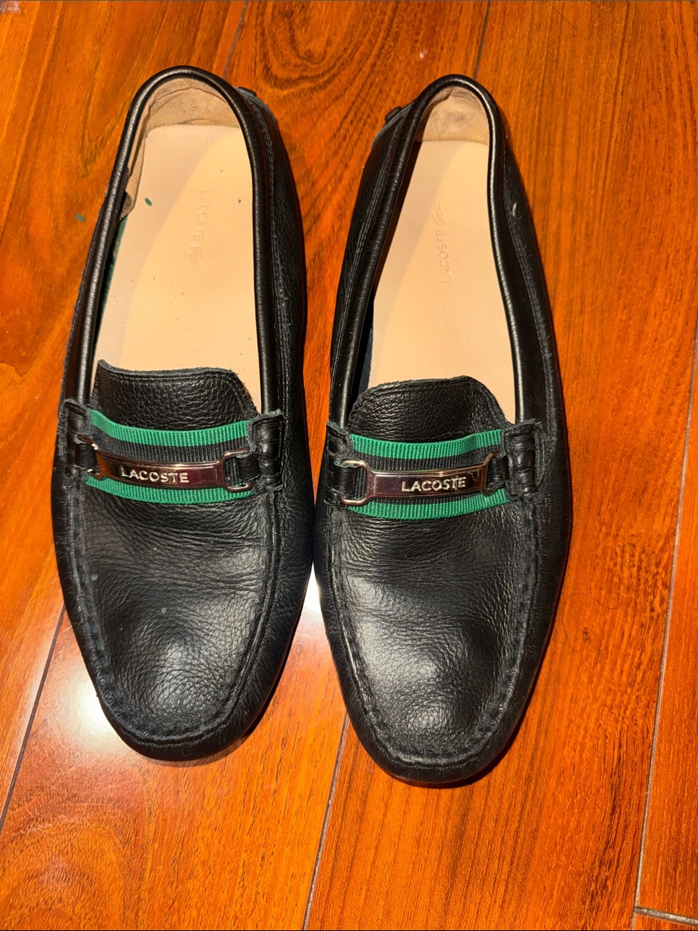 Lacoste Black Leather Slip-On Loafers with Green Stripe